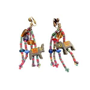 Vintage Multi-Strand Beaded Carved Animal Clip-On Earrings